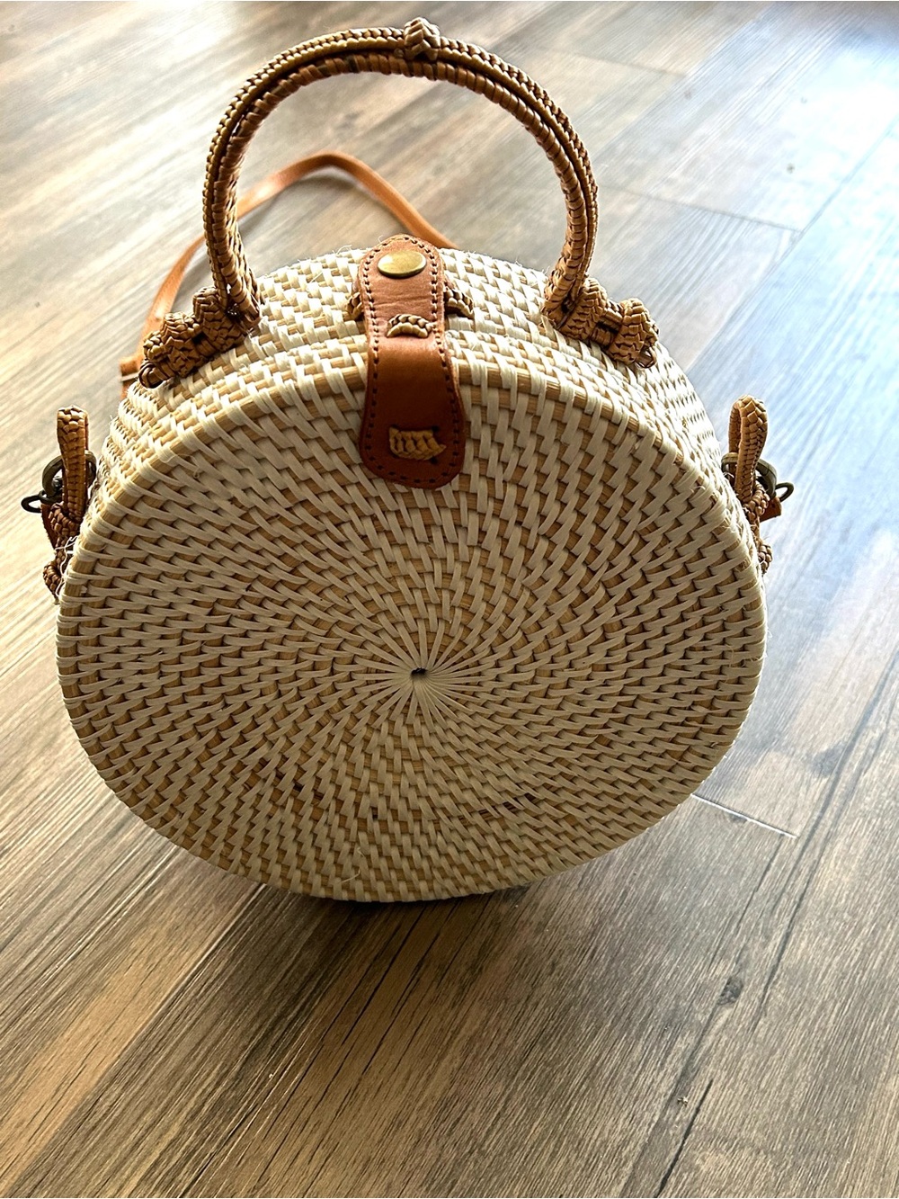 Round Woven Straw Crossbody Bag with Tan Trim